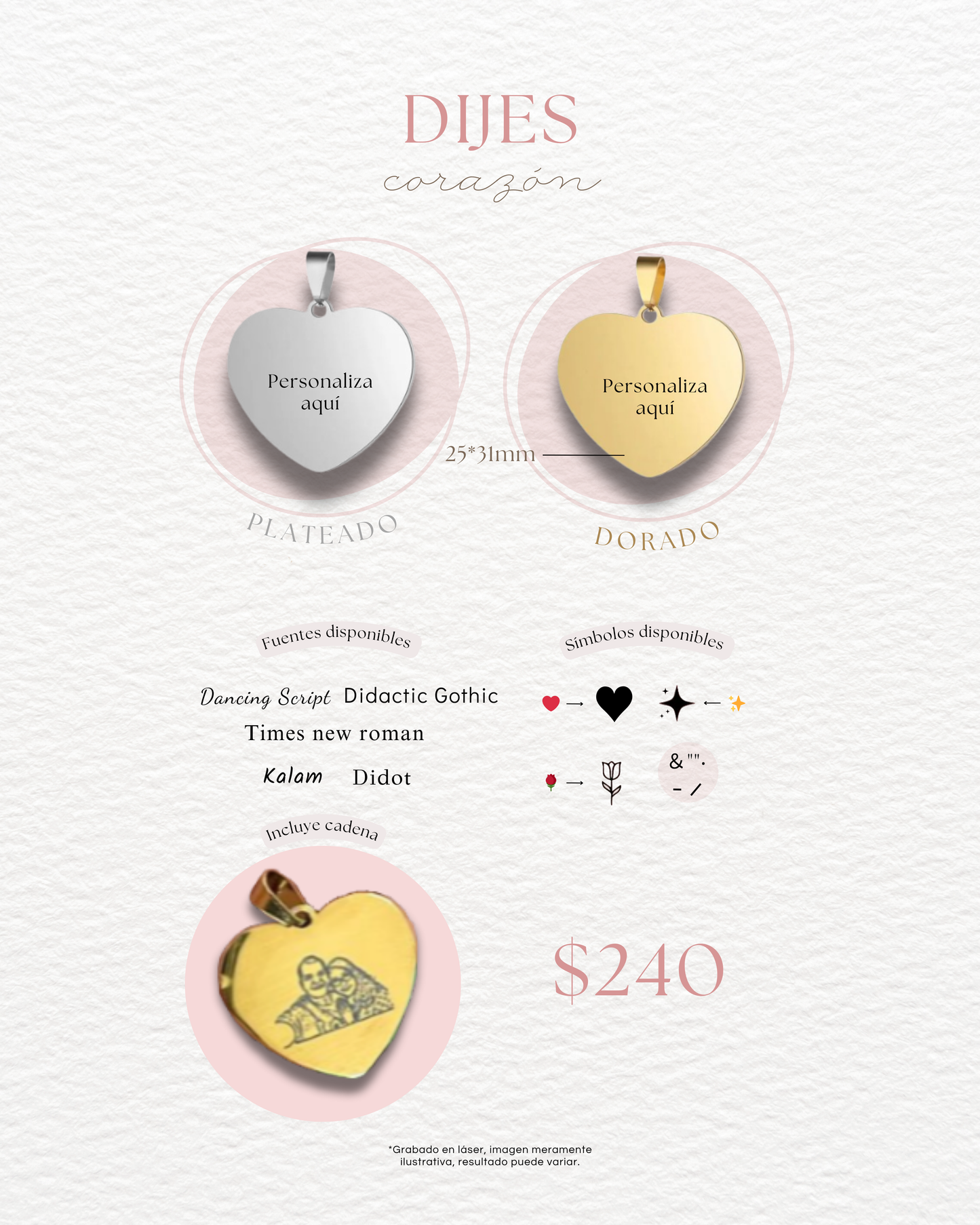 Dije corazón personalizado con cadena